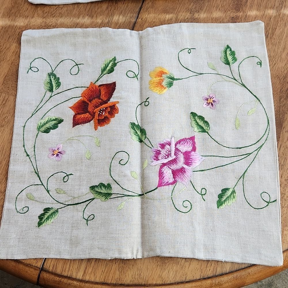 Vintage flower embroidered linen set of two pillow cases covers